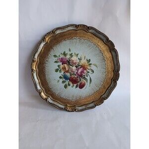 Italian Florentine Gilt Aqua Wood Tray Floral Tole White Hollywood Regency